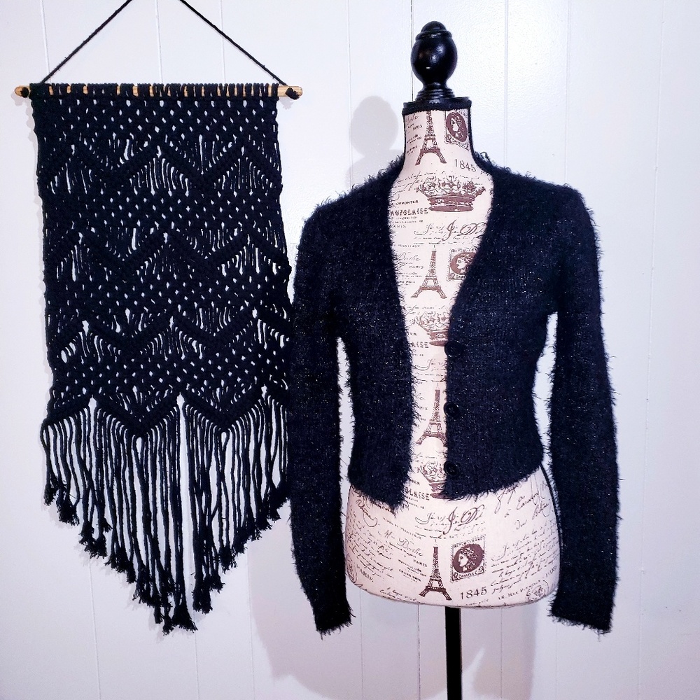 Fuzzy Black Sweater Multicolor Stitching
